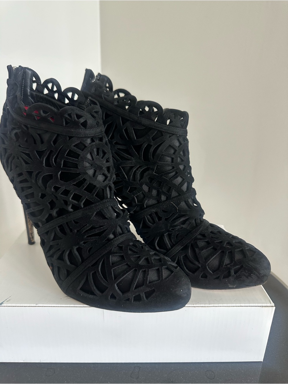 Cesare Paciotti Black Suede & Satin Cutout Ankle Boots Made in Italy